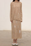 SWAYING 2025 Fall/Winter Collection: Beaded Alpaca Wool Sweater/Skirt Set SW-SW25AW3B05C1S2-XING (Floral design, beige color) Skirt (SW25AW1T07C1S4)